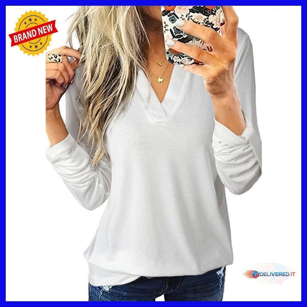 V-Neck Plaid Button-Down Blouse Long Sleeve Casual Work Top